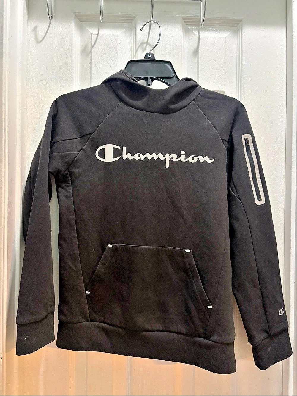 Champion Youth Script Logo Fleece Hoodie with Sleeve Pocket Black Medium